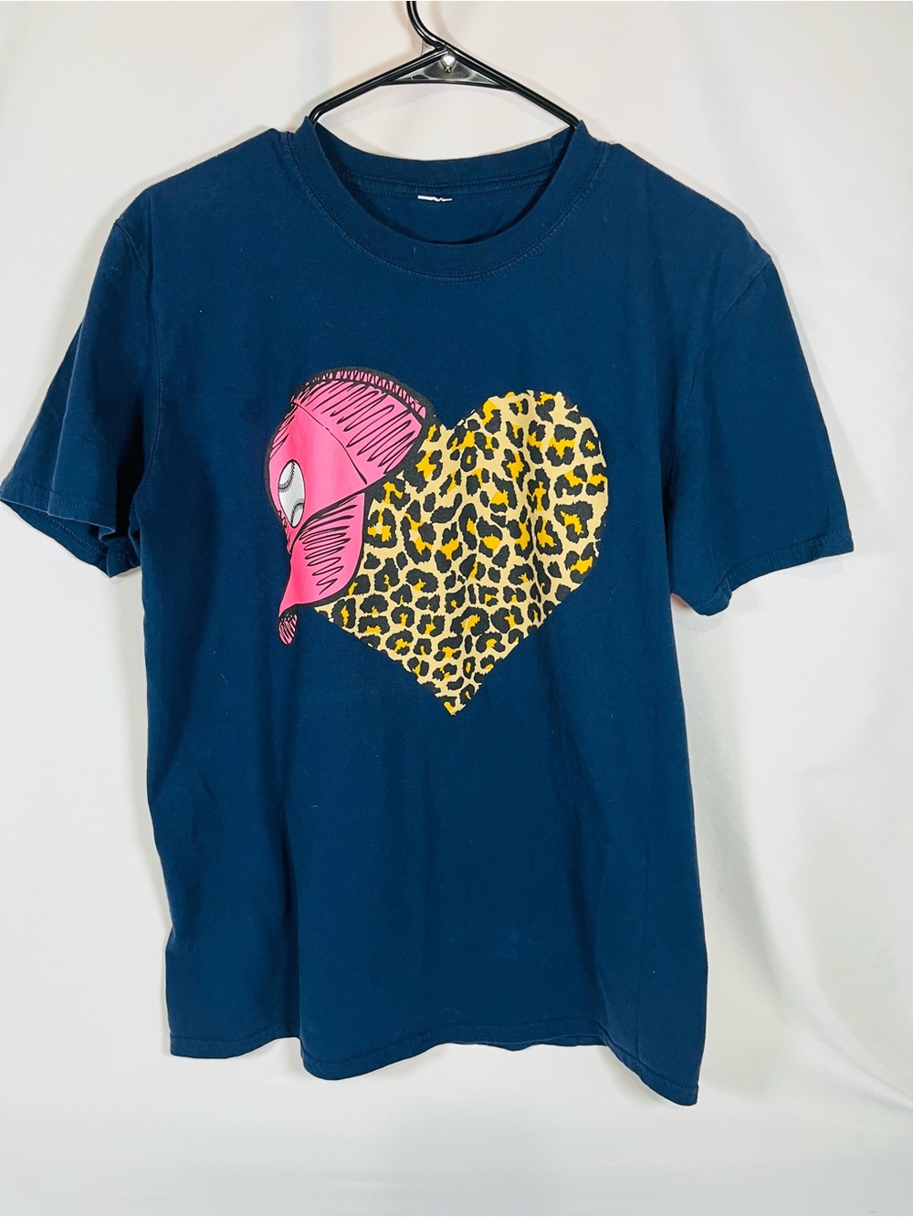 Womens Navy Graphic Tee with Pink & Yellow Leopard Heart